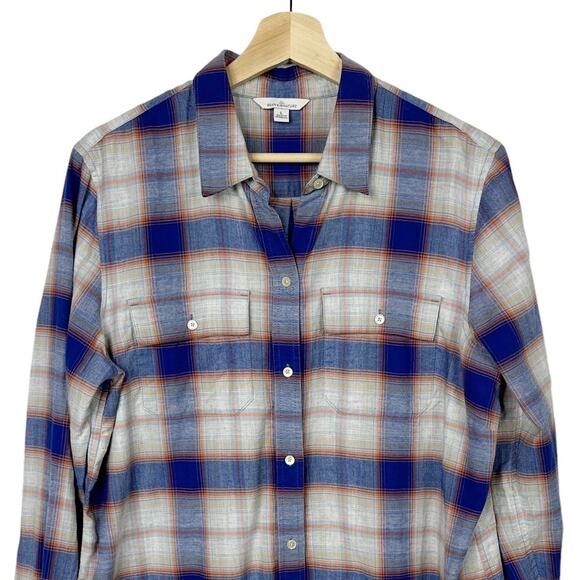 LL Bean Plaid Shirt Womens Large Cotton Button Down Top Blue Tan - Picture 3 of 6